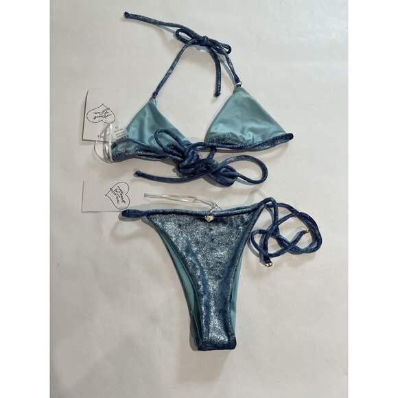 Heart of Sun Triangle Metallic String Bikini in Blue - Picture 2 of 3